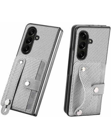Galaxy Z Fold 7 Carbon Fiber Texture Card Slot Wrist Strap Holder Case - WHITE (Only Ground Shipping)