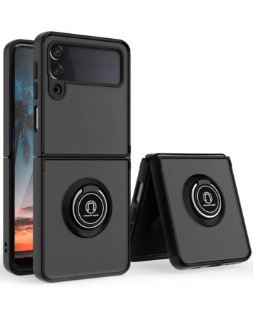 Galaxy Z Flip 3 Hard PC Rear / Soft TPU Colorful Border Case with I - ring Holder - BLACK (Only Ground Shipping)