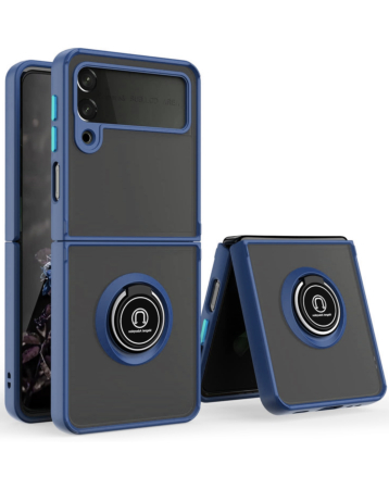 Galaxy Z Flip 3 Hard PC Rear / Soft TPU Colorful Border Case with I - ring Holder - NAVY BLUE (Only Ground Shipping)