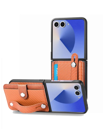 Wallet Case with Credit Card Holder Slot & Wristband - BROWN for Galaxy Z Flip 7 (Only Ground Shipping)