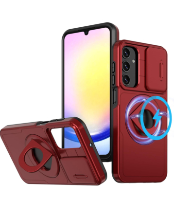 Ring Stand Case & Camera Lens Sliding Cover - RED for Galaxy A55 5G (Only Ground Shipping)