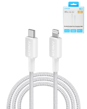 Anker 322 USB C-Lightning MFI Braided Charging Cable (WHITE) (3ft) (18W) (Only Ground Shipping)