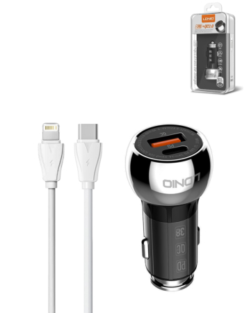 LDNIO C1 Dual USB A+C Car Charger with USB C-L Non-MFI Cable (3ft) (36W) (Only Ground Shipping)