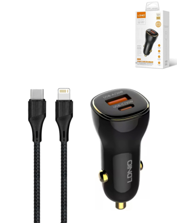 LDNIO C103 PD QC4.0 Dual USB A+C Car Charger with USB C-L Non-MFI Cable (3ft) (60W) (Only Ground Shipping)