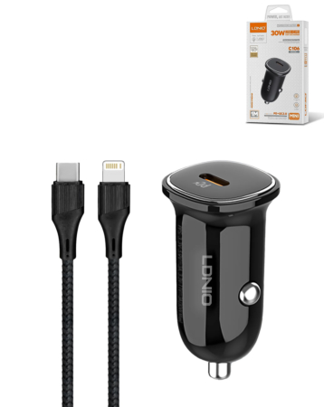 LDNIO C106 PD QC4.0 Dual USB-C Car Charger with USB C-L Non-MFI Cable (3ft) (30W) (Only Ground Shipping)