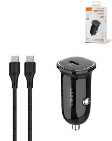 LDNIO C106 PD QC4.0 Dual USB-C Car Charger with USB C-C Cable (3ft) (30W) (Only Ground Shipping)