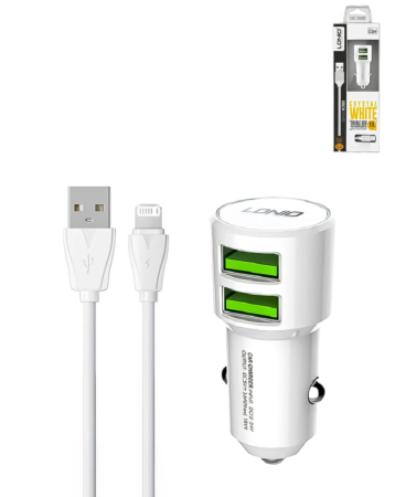 LDNIO C309 3.6A Dual USB-A Car Charger with USB A-L Non-MFI Cable (WHITE) (3ft) (18W) (Only Ground Shipping)