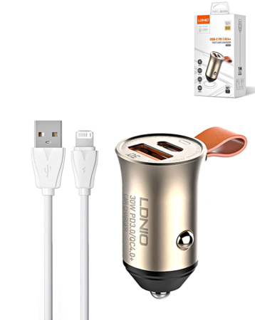 LDNIO C509Q PD QC4.0 Dual USB A+C Car Charger with USB A-L Non-MFI Cable (3ft) (18W) (Only Ground Shipping)