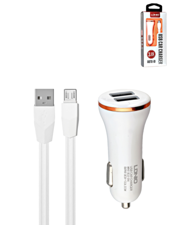 LDNIO C23 3A Dual USB-A Car Charger with USB A-M Cable (WHITE) (3ft) (15W) (Only Ground Shipping)