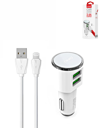 LDNIO C29 3.4A Dual USB-A Car Charger with USB A-L Non-MFI Cable (WHITE) (3ft) (17W) (Only Ground Shipping)
