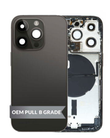 Stock up on the housing frame with small parts pre-installed for iPhone 14 Pro in Black, International version, OEM pull B grade.
