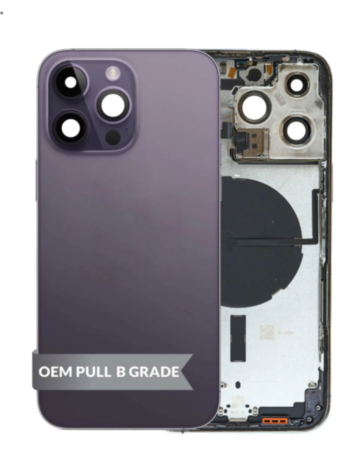 Order the back housing frame in Deep Purple, US version, OEM Pull B Grade, with small components pre-installed for iPhone 14 Pro Max.