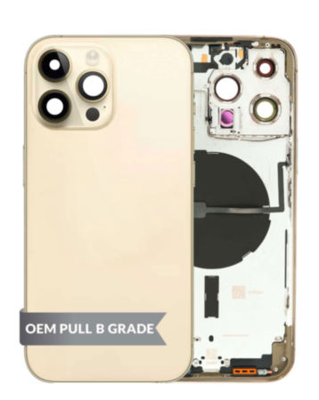Stock up on the housing frame in Gold, International version, OEM Pull B Grade, with small parts pre-installed for iPhone 14 Pro Max.
