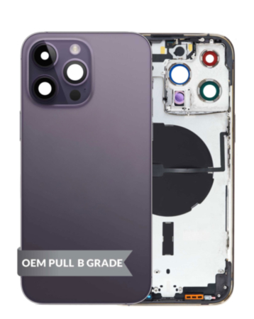 Buy the housing frame in Deep Purple, International version, OEM Pull B Grade, with small parts pre-installed for iPhone 14 Pro Max.