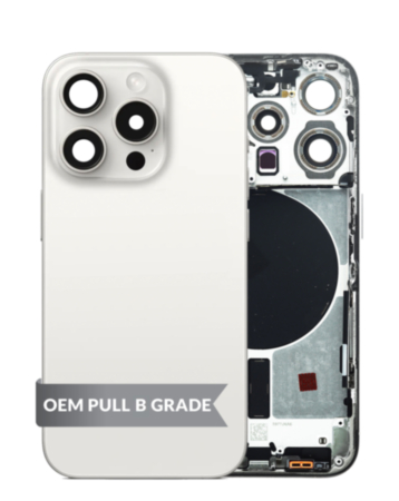Grab the wholesale deals on the Back Housing Frame in White Titanium, US version, OEM Pull B Grade, with small components already pre-installed for iPhone 15 Pro.
