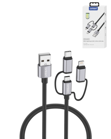 Onten 3in1 Aluminum USB A to C + M + L Charging Data Cable (3ft) (60W) (Only Ground Shipping)