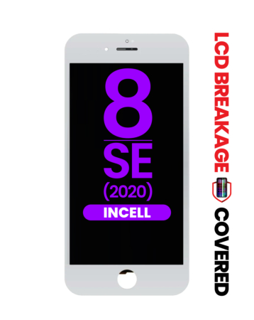 Order the white LCD assembly with steel plate for iPhone 8 and SE 2020 – aftermarket Incell QV7 with exclusive LCD breakage.