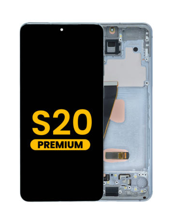 Stock up on the OLED assembly with frame for the Galaxy S20 G980 and G981, not compatible with Verizon, in Cloud Blue, Premium.