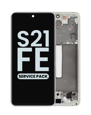 Stock up on the OLED Assembly with Frame for Galaxy S21 FE G990 in White, Service Pack.