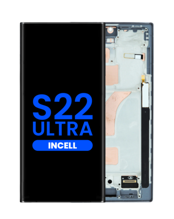 Order the LCD Assembly with Frame for the Galaxy S22 Ultra S908 in Phantom Black, aftermarket Incell, does not support fingerprint.
