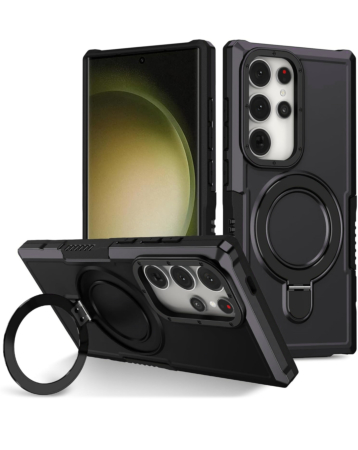 Hard PC Shockproof Case w /Ring Holder - BLACK for Galaxy S23 Ultra (Only Ground Shipping)