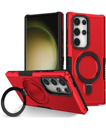Hard PC Shockproof Case w /Ring Holder - RED for Galaxy S23 Ultra (Only Ground Shipping)