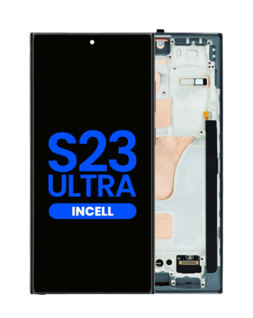 Grab wholesale deals on the LCD assembly with frame for Galaxy S23 Ultra S918 in phantom black. Aftermarket Incell, does not support fingerprint.