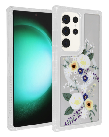 Flower Design Transparent Case with Wireless Charger - Style 3 for Galaxy S24 Ultra (Only Ground Shipping)
