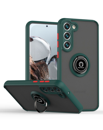 Galaxy S24 / S25 Hard PC Rear / Soft TPU Colorful Border Case with I - ring Holder - DARK GREEN (Only Ground Shipping)