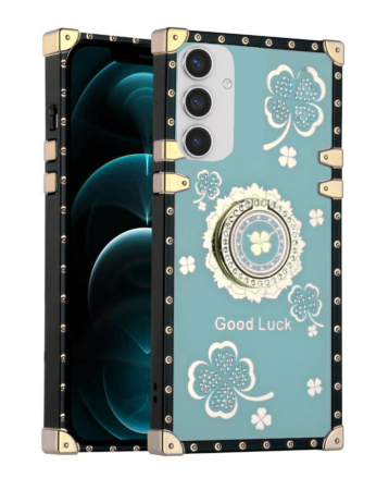 Square Acrylic Mirror Shiny Luxury Case with Ring - TEAL for Galaxy S24 / S25 (Only Ground Shipping)