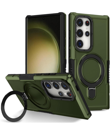 Hard PC Shockproof Case w /Ring Holder - GREEN for Galaxy S25 Ultra (Only Ground Shipping)