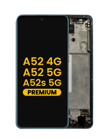 Shop the OLED Assembly with Frame in Awesome Blue, Premium, for Galaxy A52 4G model A525 from 2021, A52 5G model A526 from 2021, and A52s 5G model A528 from 2021.