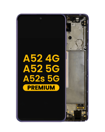 Order the OLED Assembly with Frame in Awesome Violet, Premium, for Galaxy A52 4G model A525 from 2021, A52 5G model A526 from 2021, and A52s 5G model A528 from 2021.