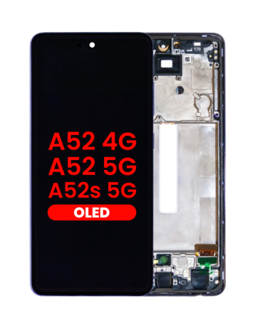 Stock up on the OLED Assembly with Frame in Awesome Violet, Aftermarket OLED, for Galaxy A52 4G model A525 from 2021, A52 5G model A526 from 2021, and A52s 5G model A528 from 2021.