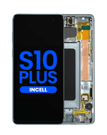 Stock up on the LCD assembly with frame for Galaxy S10 Plus G975 in Prism Blue, without fingerprint sensor, aftermarket Incell.