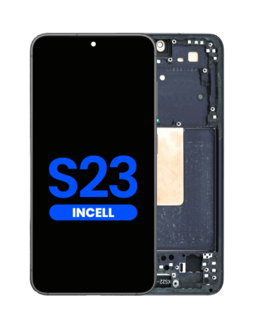 Stock up on the LCD assembly with frame for Galaxy S23 S911 in phantom black. Aftermarket Incell, does not support fingerprint.