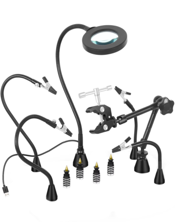 Soldering Circuit Board Holder Magnetic with 3X LED Magnifying Lamp, 360 Hot Air Gun Holder Flexible Metal Arms Heavy Duty Base (Only Ground Shipping)