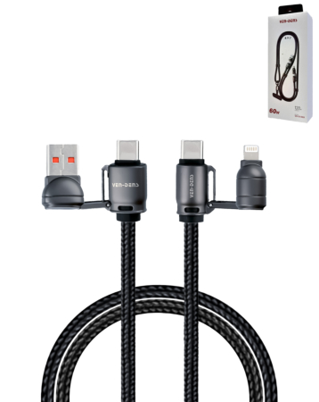 Ven-Dens USB A+C to C+L Fast Charging Data Cable with Lanyard (BLACK) (60W) (6ft) (Only Ground Shipping)
