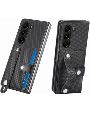Carbon Fiber Texture Card Slot Wrist Strap Holder Case - BLACK for Galaxy Z Fold 6 (Only Ground Shipping)