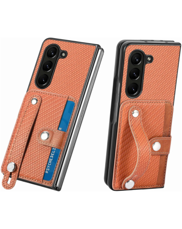 Carbon Fiber Texture Card Slot Wrist Strap Holder Case - BROWN for Galaxy Z Fold 6 (Only Ground Shipping)