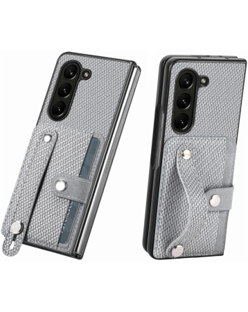 Carbon Fiber Texture Card Slot Wrist Strap Holder Case - WHITE for Galaxy Z Fold 6 (Only Ground Shipping)