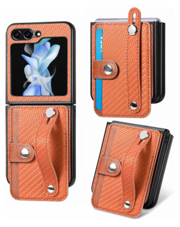 Wallet Case with Credit Card Holder Slot & Wristband - BROWN for Galaxy Z Flip 6 / Z Flip 7 FE (Only Ground Shipping)